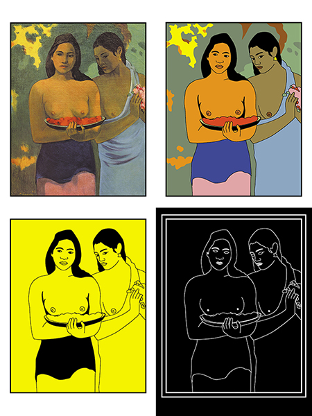 Deux Tahitiennes by Paul Gauguin, represented in full colour, high contrast, black and yellow and with tactile elements.