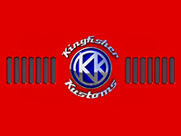 Kingfisher Kustoms logo on a red backgound with radiator grill design.